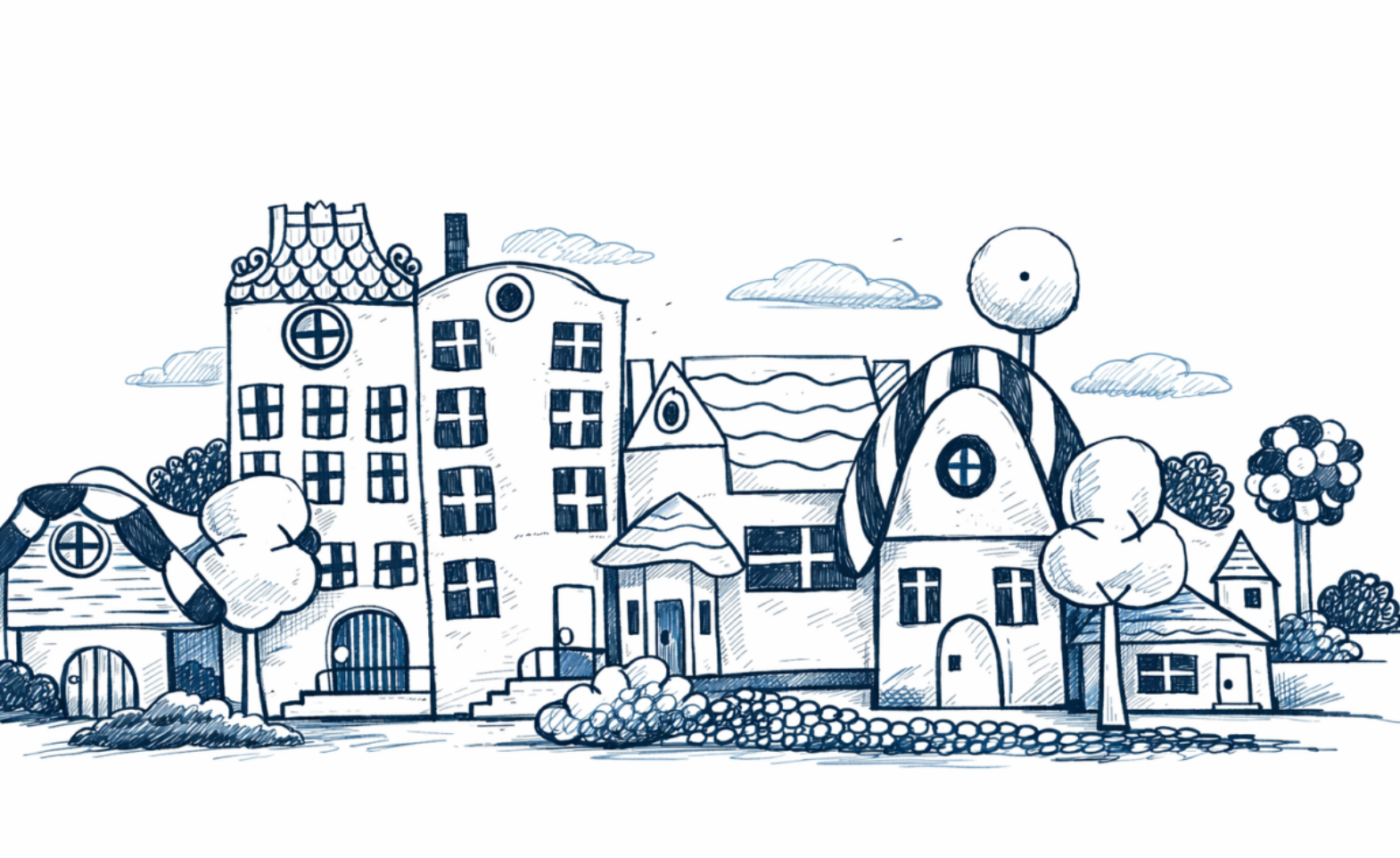 Zila tušas skice, kurā redzama savdabīga ielas ainava ar dažādām karikatūriskām mājām, kokiem, krūmiem un mākoņiem.